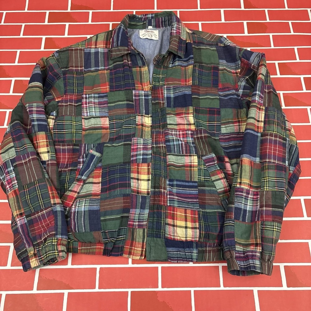 Orvis Patchwork Madras Plaid Bomber Jacket Vintage Mens 2XL Made In USA Full Zip